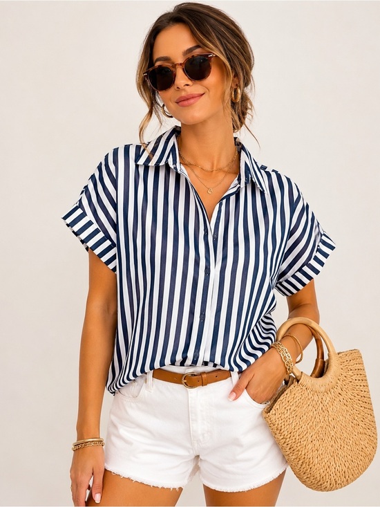 Hope & Harlow Tops - Hope & Harlow Blue White Vertical Stripe Button Front Shirt XL Oversized